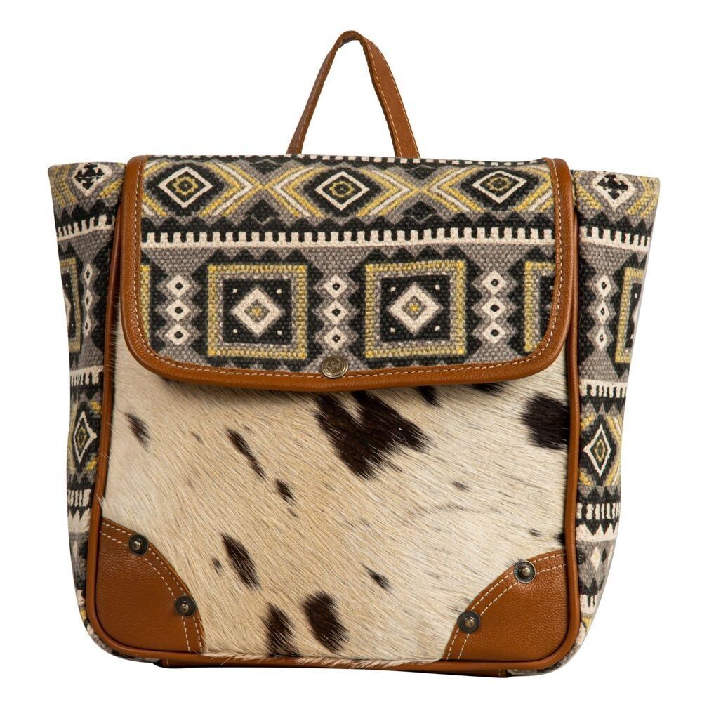 Myra Bag Handmade Biscon Backpack Upcycled Canvas & Cowhide Leather